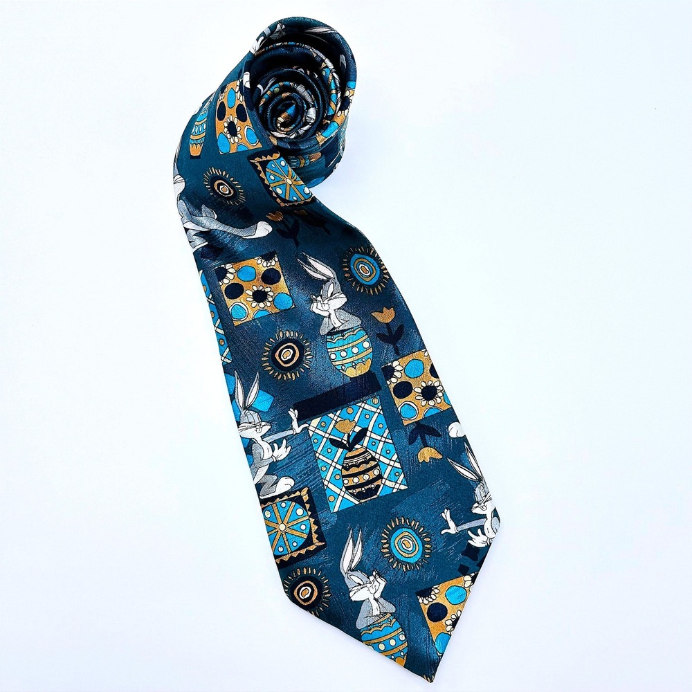 Vintage 1997 Looney Tunes Bugs Bunny Teal Geometric Easter Necktie Made in UK